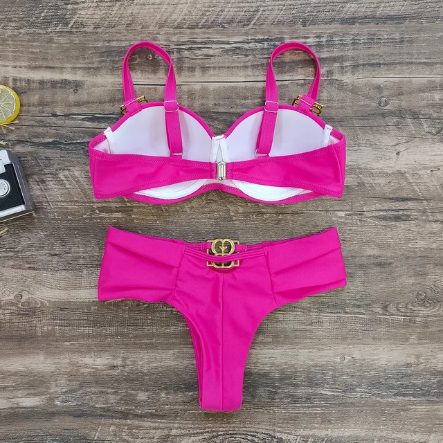 Pink Stylish Buckle Bikini
