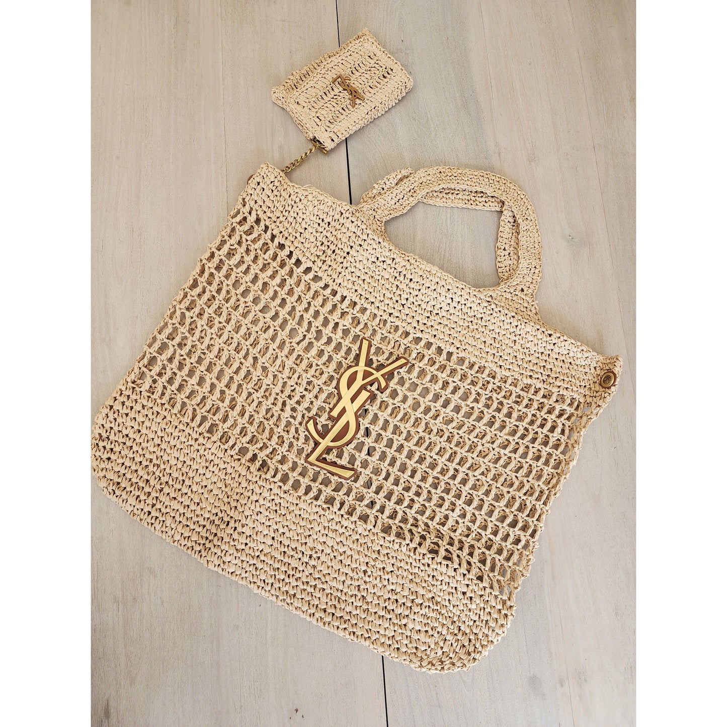 YSL Raffia beach bag large with small purse