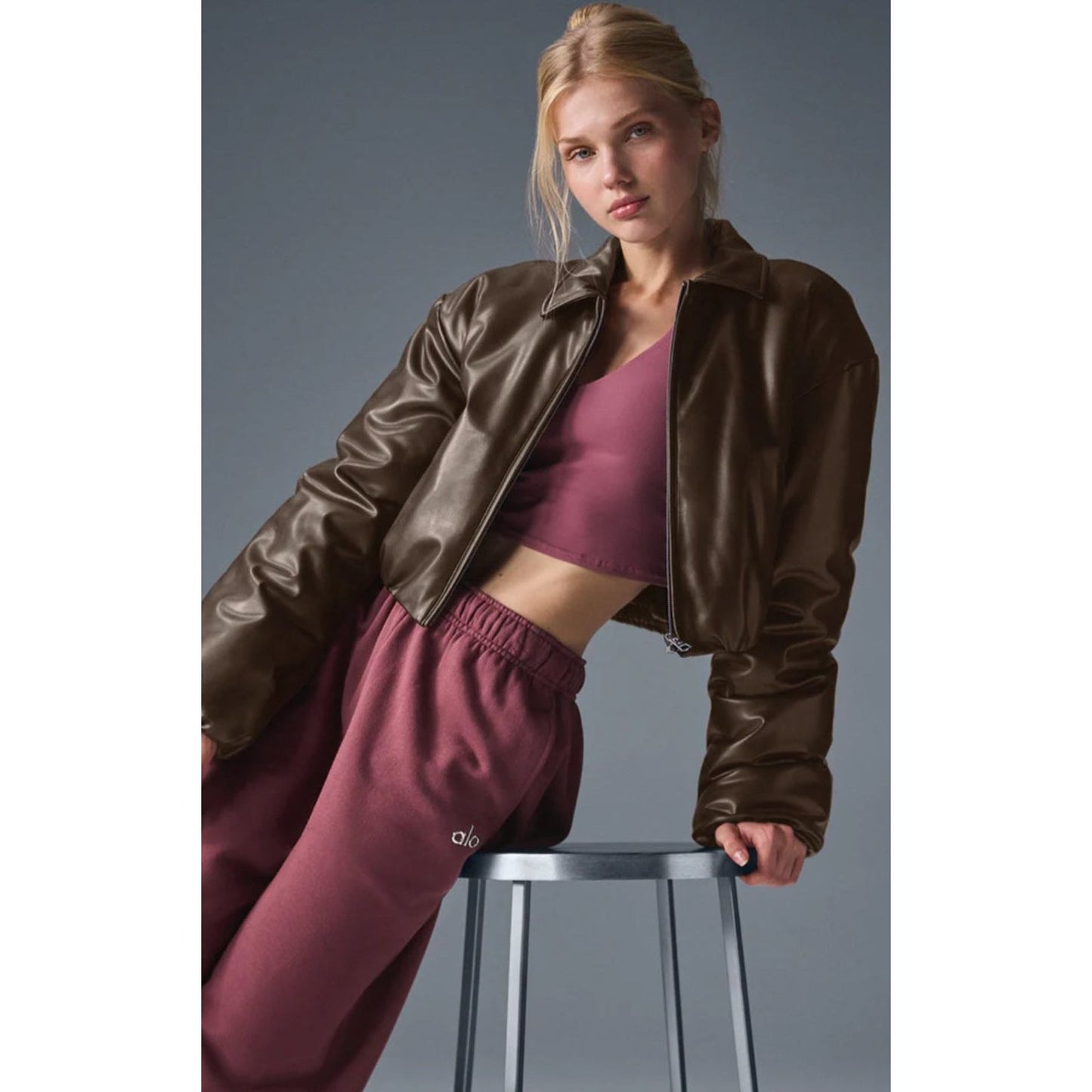 ALO Crop pleather bomber jacket