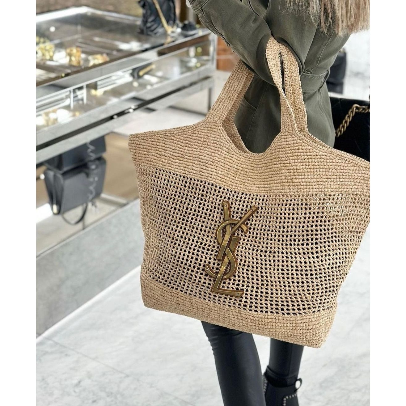 YSL Raffia beach bag large with small purse